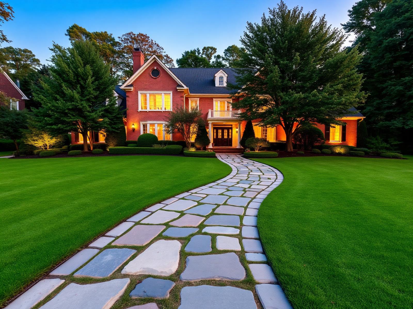 Beautifully landscaped luxury home at dusk
